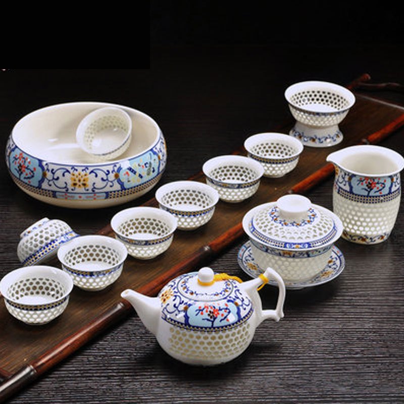 蜂窝玲珑茶具套装家用功夫镂空茶杯青花瓷礼盒陶瓷景德镇整套多色生活日用家庭清洁生活日用家居器皿水具/水杯