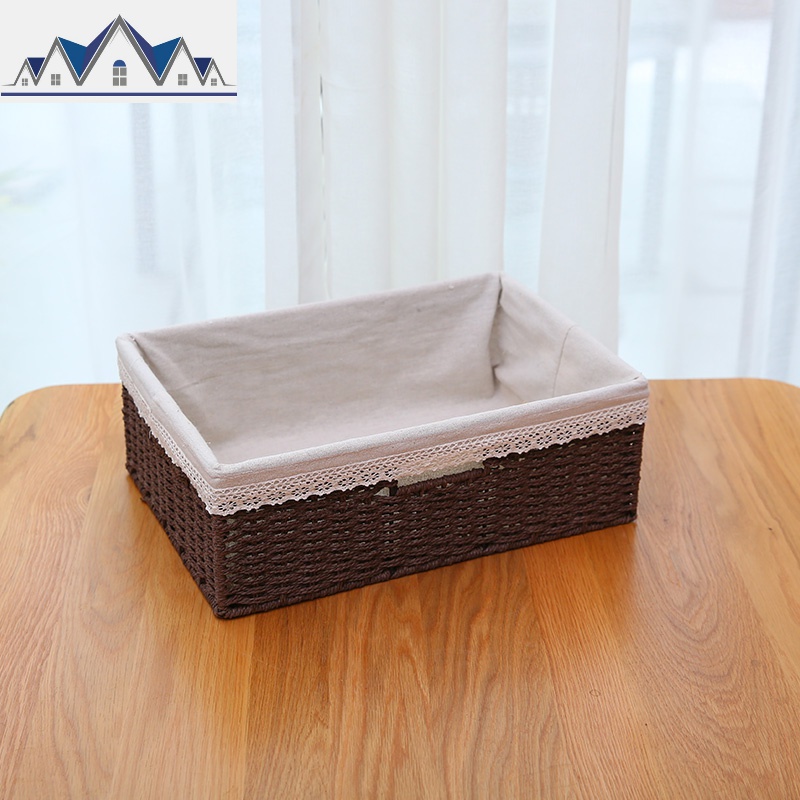 收纳筐编织桌面杂物零食收纳盒编篮子收纳框客厅储物藤编收纳篮 三维工匠 咖啡色+米色内里38*26*13cm