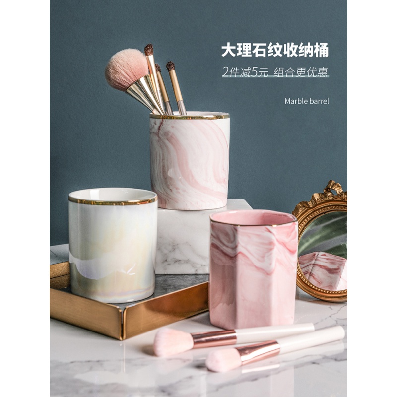 态生活ins北欧陶瓷大理石纹收纳桶金色化妆刷收纳筒金边笔筒花瓶_8高清大图