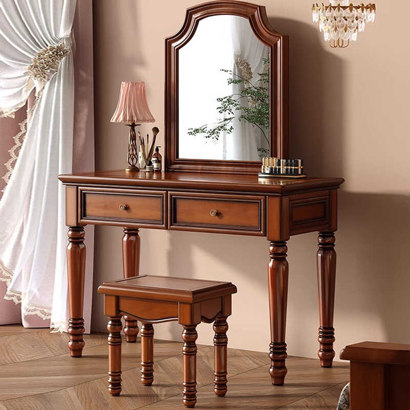 美式乡村复古实木梳妆台小户型卧室现代简约化妆桌简约妆台妆凳高清大图