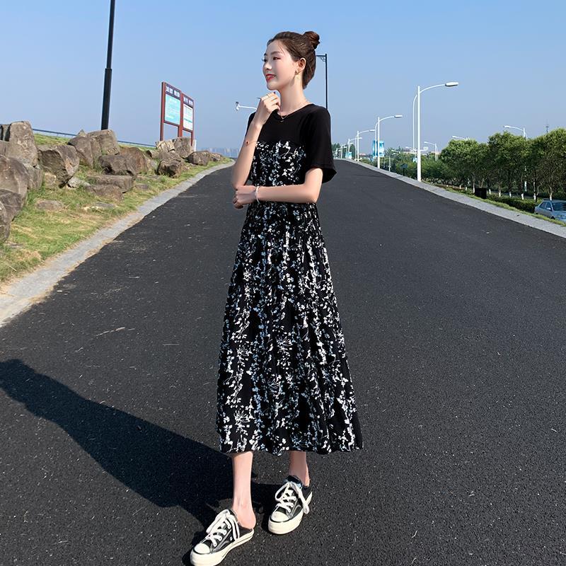 连衣裙女2021夏新款大码女装中长款雪纺拼接碎花裙气质高腰显瘦裙 图片色(优质面料 短袖) S
