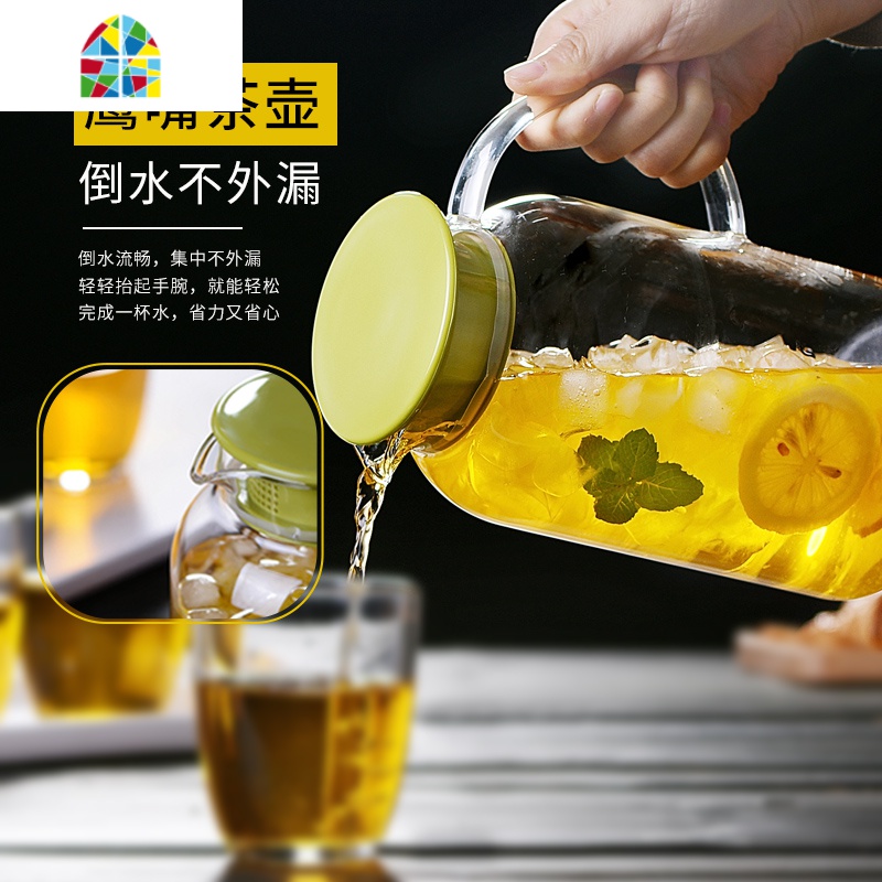 封后耐热高温玻璃冷水壶家用泡茶凉白开水壶杯套装防爆大容量果汁茶壶 FE 青苹果1.8L耐热壶+4只加厚圆口杯+托盘凉水壶高清大图