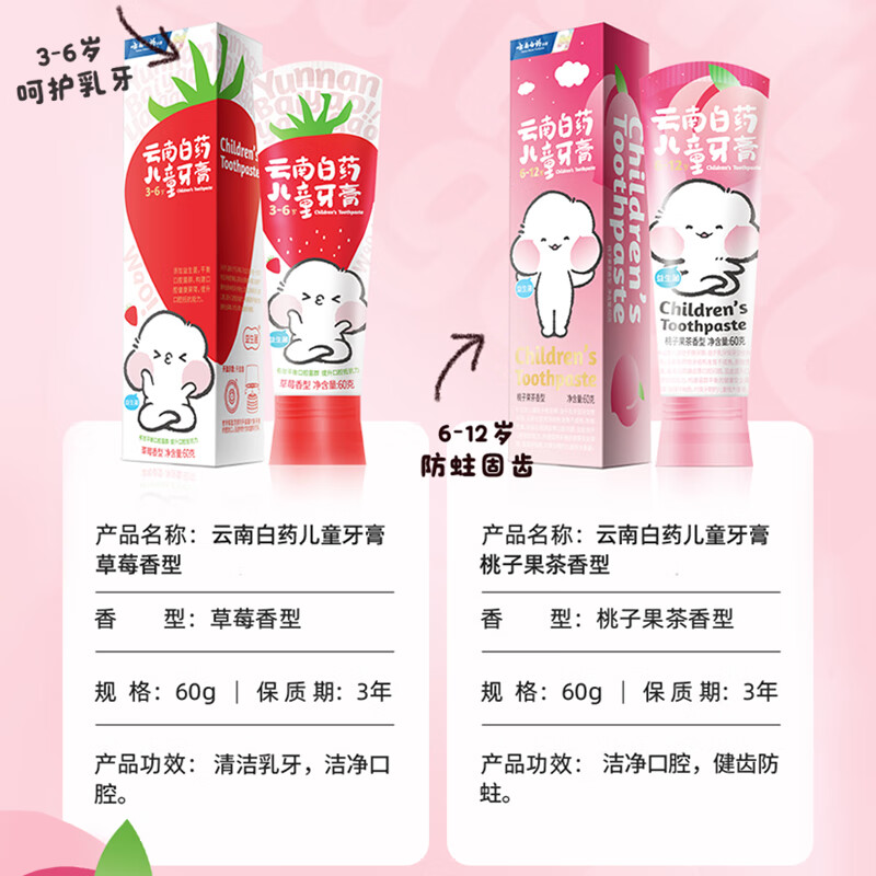 云南白药 益生菌儿童牙膏3-6岁 无氟洁齿草莓味60g 云宝版高清大图