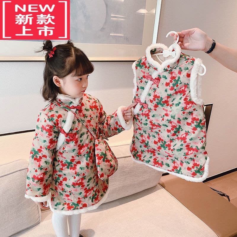 可莉允女童加厚保暖旗袍裙棉衣冬装中国风女宝宝冬季夹棉碎花唐装拜年服棉服图片
