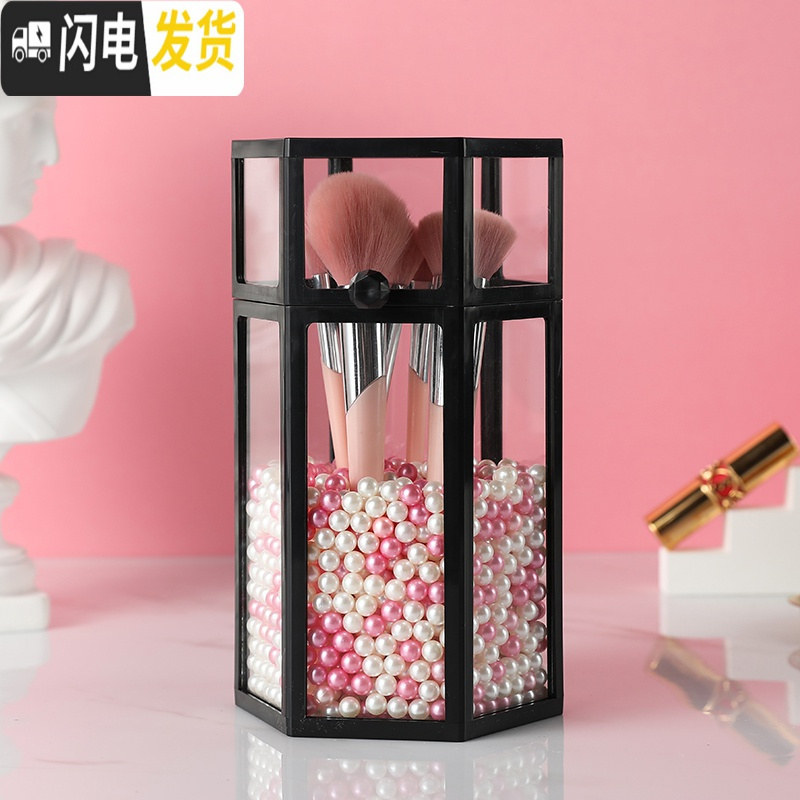 三维工匠网红化妆刷收纳桶透明玻璃防尘笔刷筒桌面梳妆台彩妆刷收纳盒带盖高清大图