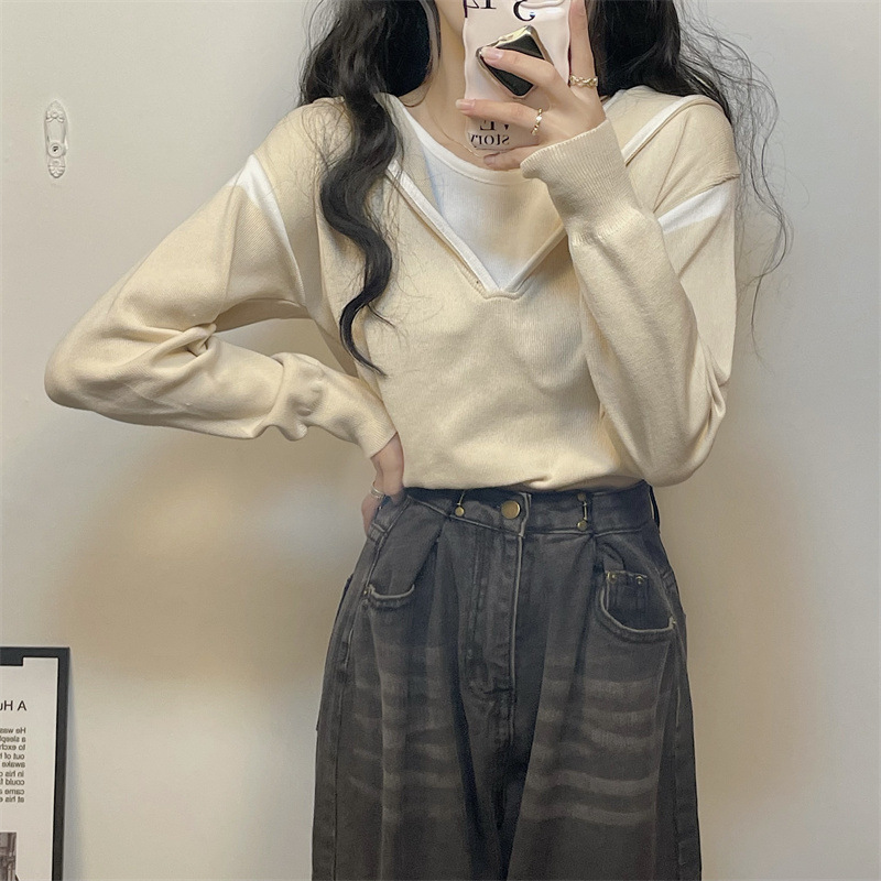 秋季新款假两件连帽针织衫上衣女新款长袖学生内搭打底衫潮
