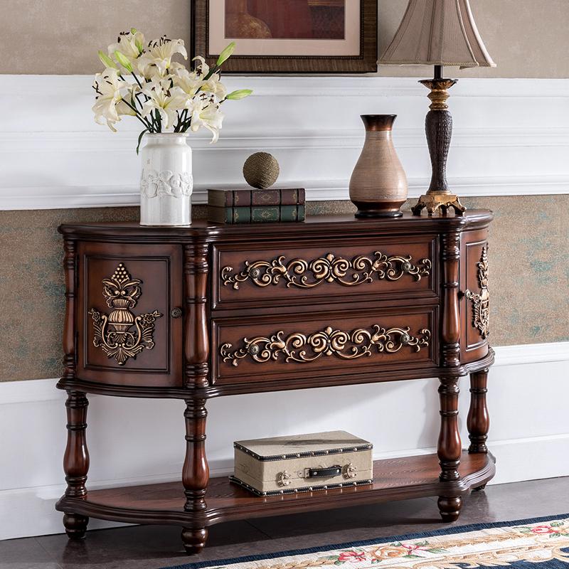 欧式餐边柜实木美式边台玄关柜长桌弧形端景台隔断彩绘靠墙装饰桌 棕色雕花1.4米双门