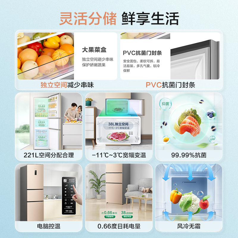 容声(Ronshen)221升 冰箱无霜三门冰箱 电脑控温 中门冷鲜抗菌 国补 星砂金BCD-221WD16NY