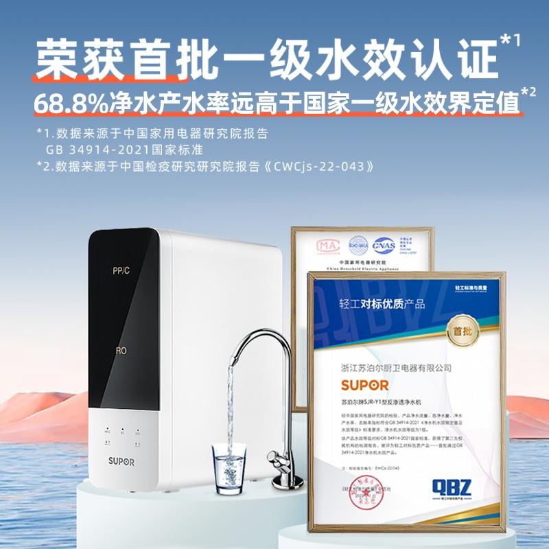 苏泊尔(SUPOR)净水器 家用直饮RO反渗透400G大通量一级能效APP智控无桶纯水机DR2H1