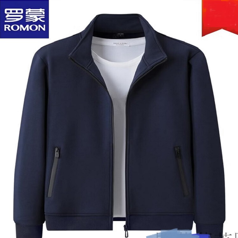 罗蒙(ROMON)纯棉外套男春秋冬季立领开衫卫衣中年运动服跑步休闲宽松夹克新品 深蓝[春秋款] 3XL