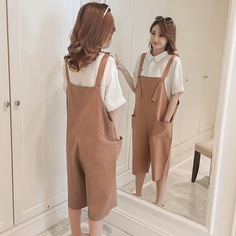 迪鲁奥(DILUAO)孕妇装 2021夏季休闲纯棉背带裤+衬衫两件套阔腿裤两件套装 图片色图片