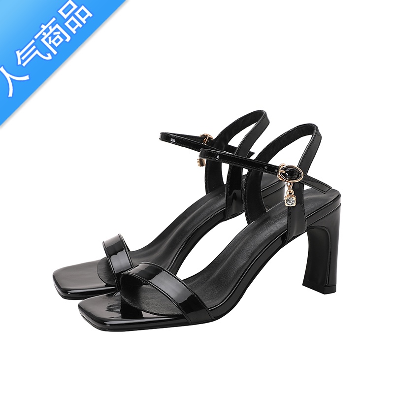 SUNTEK小码凉鞋313233粗跟方头一字扣高跟鞋一字带胖脚大码凉鞋41-43码 黑色5cm低跟漆皮 40
