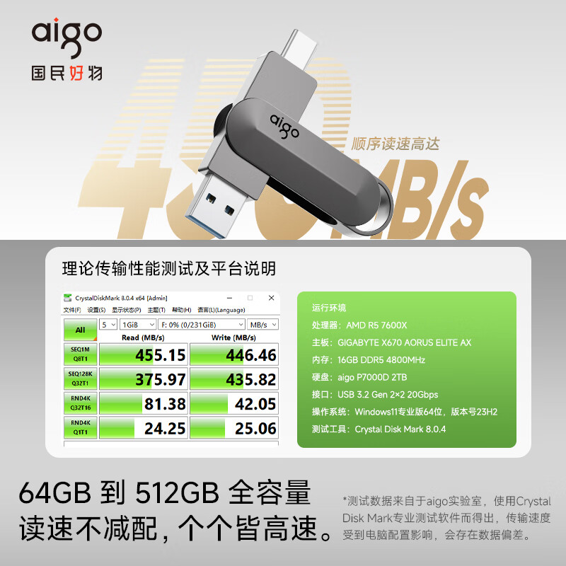 爱国者(aigo)256GB Type-C USB3.2 手机电脑双接口U盘U453 读速450MB/s高清大图