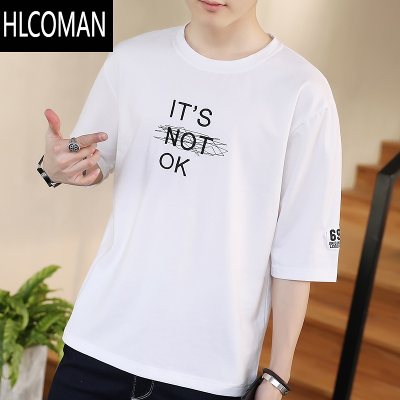 HLCOMAN七分袖t恤男士短袖夏季韩版潮流中袖宽松五分半袖潮牌体恤上衣服