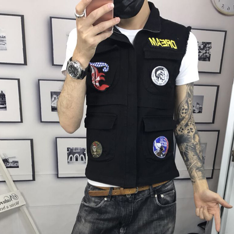 潮男快手红人刘叉叉二公子吴迪同款男士立领牛仔马甲修身情侣背心