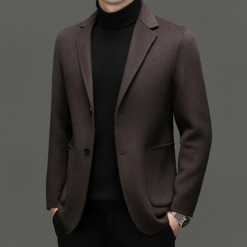鄂尔多市双面呢子大衣商务休闲西装外套人字纹短款西服毛呢潮春秋单西修身外套西服西装_227 粟色 180