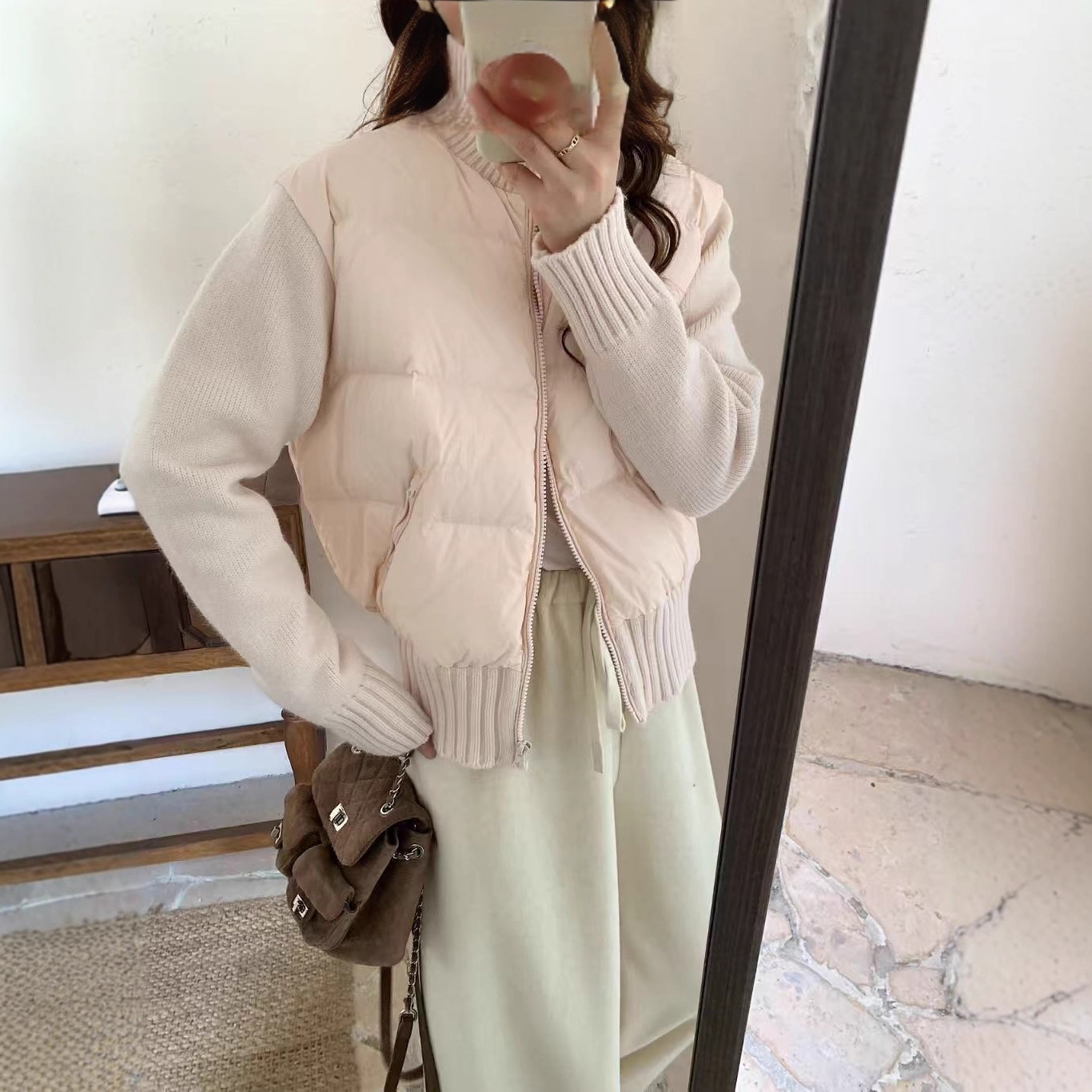 韩系针织拼接羽绒服女2025秋冬新小个子短款90白鸭绒马甲外套百搭高清大图