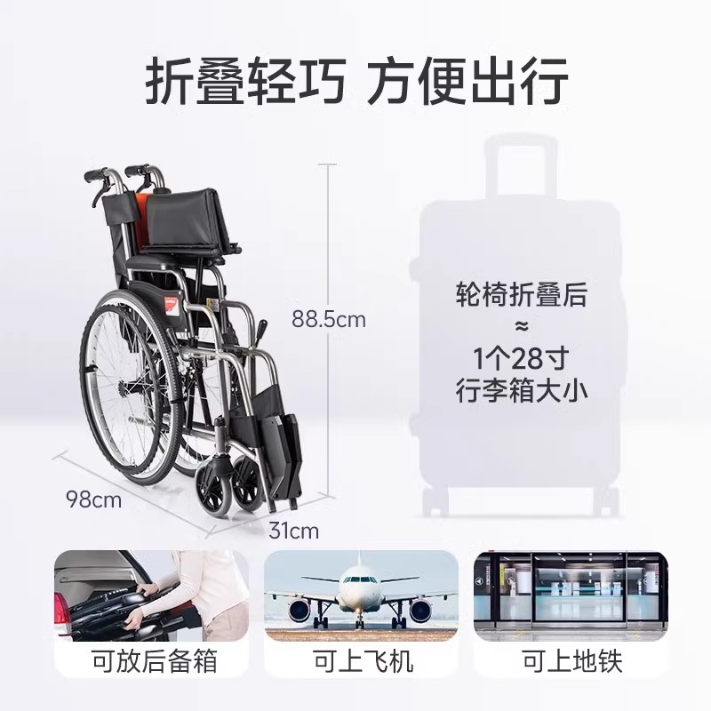 鱼跃轻型轮椅车折叠轻便老人专用多功能残疾人代步手动推车H062C高清大图