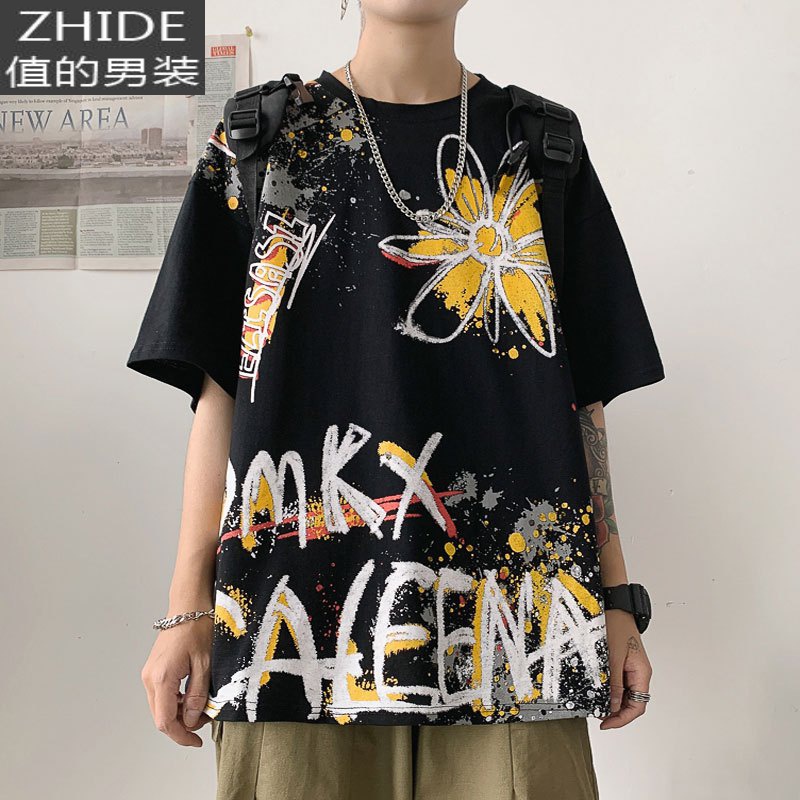 SUNTEK红色短袖T恤男士宽松大码潮牌街头嘻哈涂鸦印花胖子五分袖体恤衫T恤