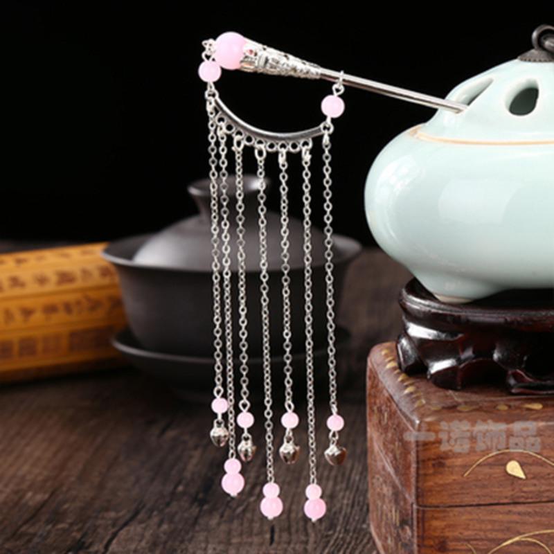 儿童古典古代流苏发簪子汉服配饰步摇cos古装复古铃铛发簪送耳坠 粉红