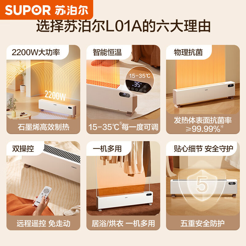 苏泊尔(SUPOR) 踢脚线取暖器家用轻音智能控温电暖器石墨烯速热移动地暖室内取暖器ESHC-L01A-22