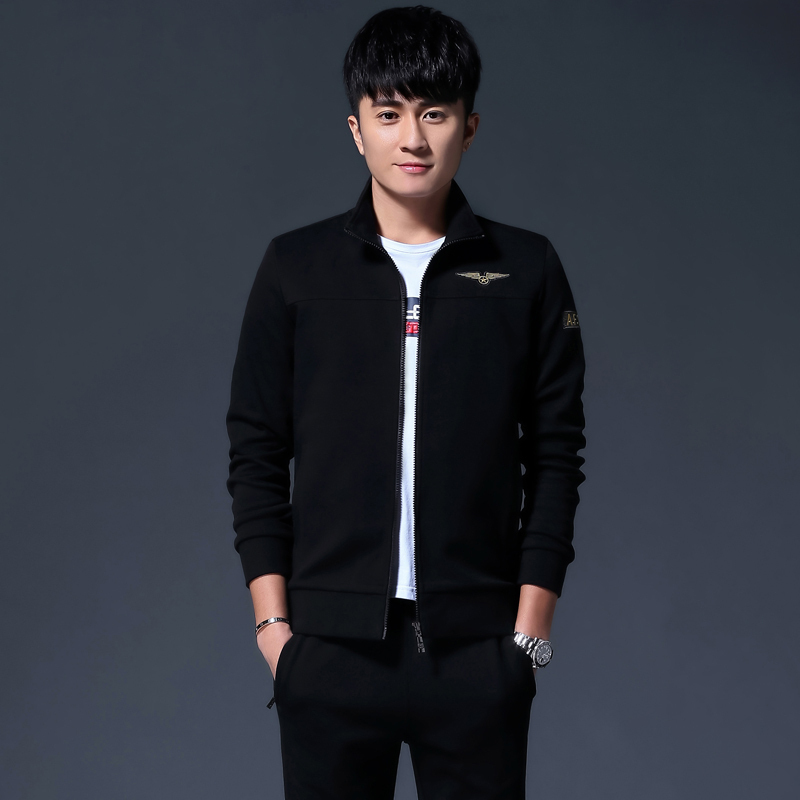 品牌男装休闲套装青年帅气运动套装男士春秋开衫立领拉链时尚潮流纯棉