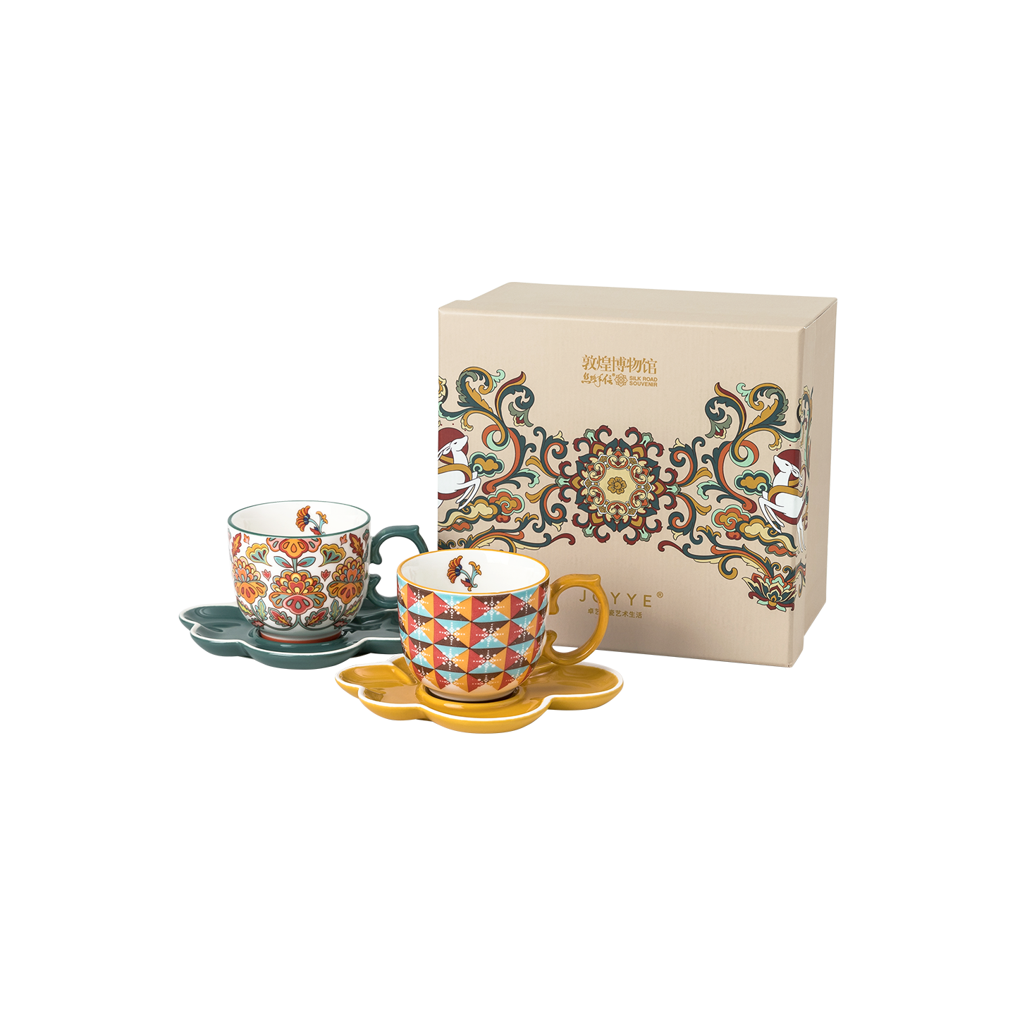 福鹿双全敦煌文创茶壶茶杯套装-石绿+土黄 2杯+2碟 节日伴手礼物高清大图