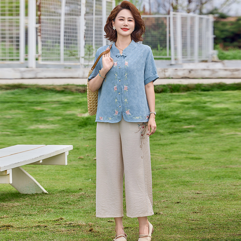 纤孜雅 夏季妈妈棉麻印花短袖套装新款中老年时尚大码上衣裤子两件套
