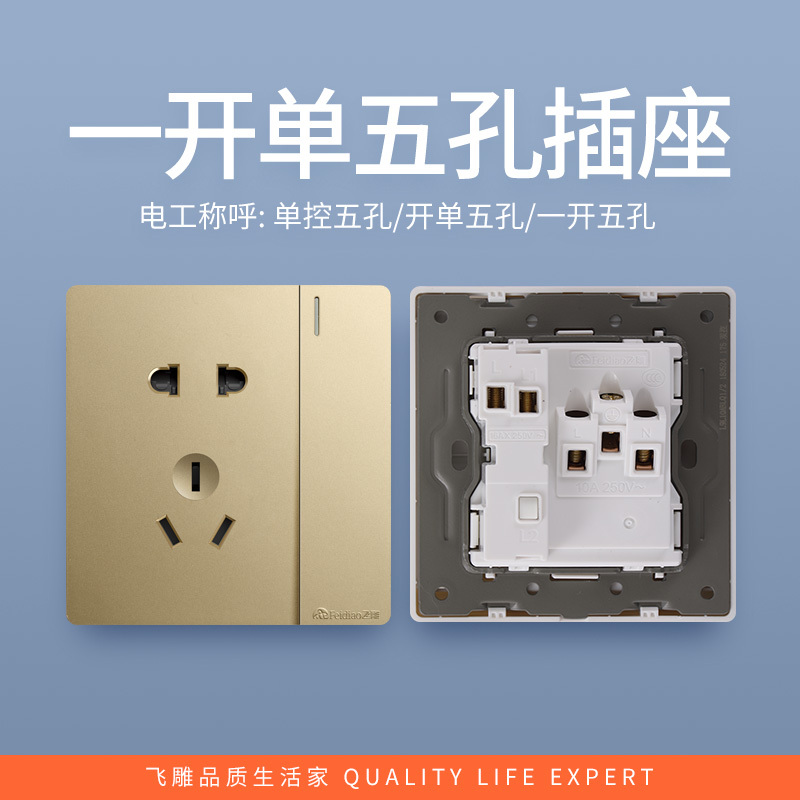 飞雕(FEIDIAO)开关插座86型家用暗装 超大面板钢支架 雕琢系列电源墙壁开关面板 雕琢金一开单五孔插