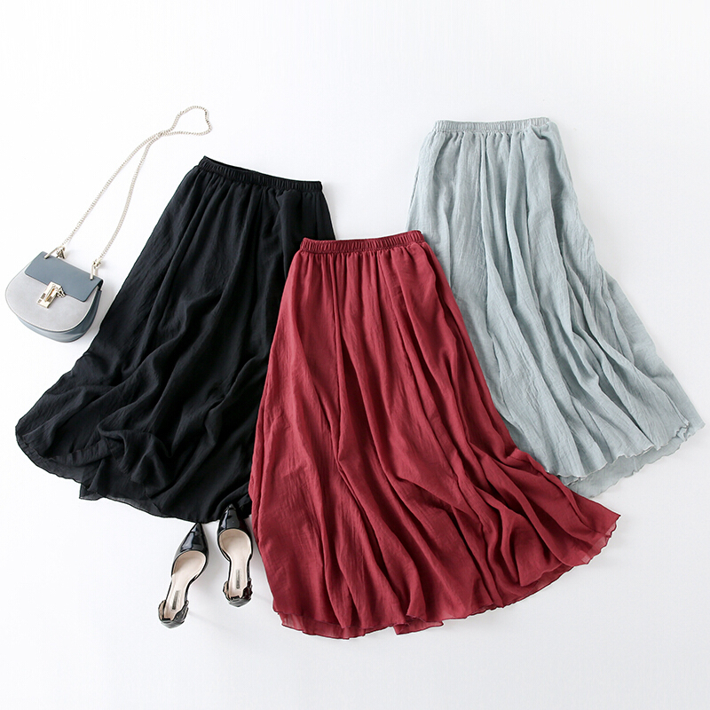 中长款夏季棉麻半身裙女亚麻纯色长裙子文艺森女小清新大摆a字裙白色