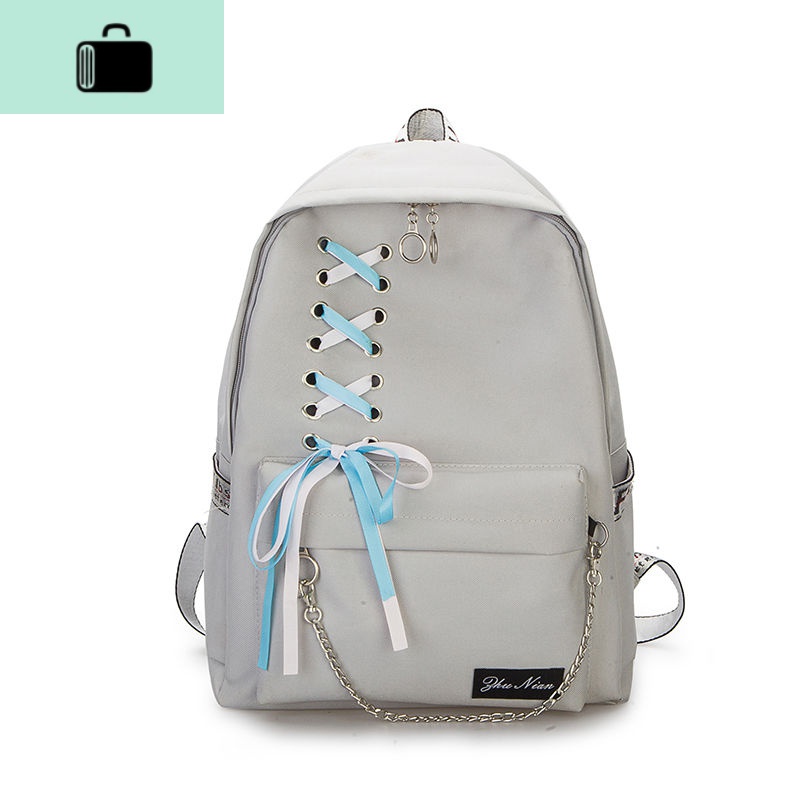 书包女韩版个性链条百搭彩带帆布简约双肩背包校园初高中大学生潮NEWLAKE 布料升级：款二【上蝴蝶结】灰色
