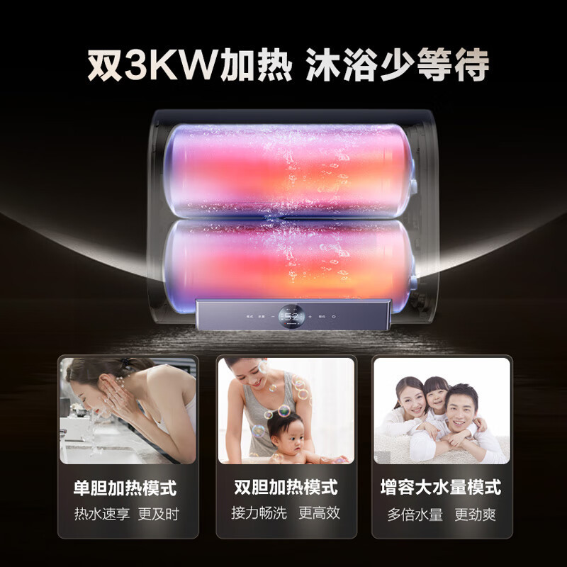 AO史密斯佳尼特[净水洗套装]60升电热水器HT1+前置过滤器 纤薄双胆扁桶 金圭内胆 双棒双3kW速热 小尺寸71cm
