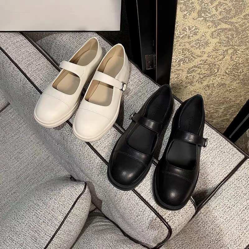2021春新品女鞋复古英伦方头一字搭扣玛丽珍单鞋韩版黑色小皮鞋潮 黑色 40 脚宽脚胖拍大一码
