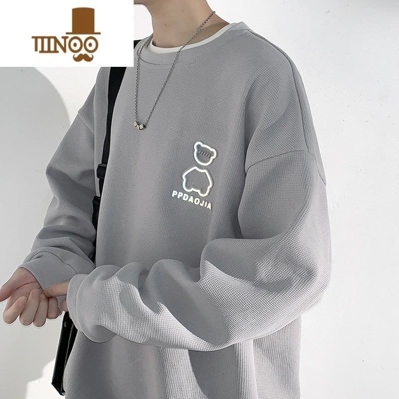 YANXU华夫格卫衣男港风圆领宽松长袖上衣潮牌初高中生外套冬图片