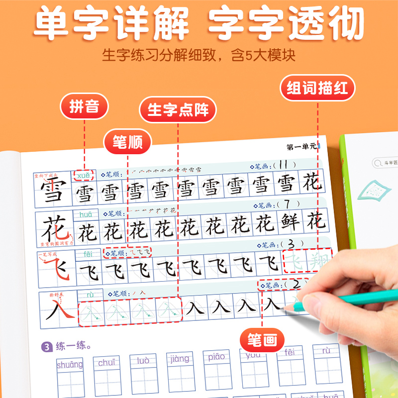 [一年级下册]练字帖+阅读理解+看拼音+看图写话 [正版]点阵控笔训练练字帖入门二年级下册同步练字帖小学生一年级练字帖每高清大图