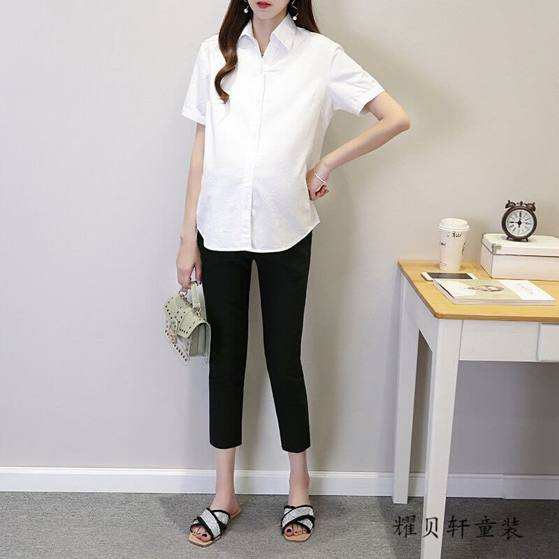 迪鲁奥(DILUAO)孕妇衬衣夏装短袖白色职业装小V领OL正装时尚百搭上班妈妈工作服图片