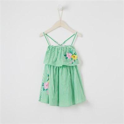 moomoo童装女童裙装夏季新款女中童度假风棉细布吊带连衣裙 绿白竖条组 110/52