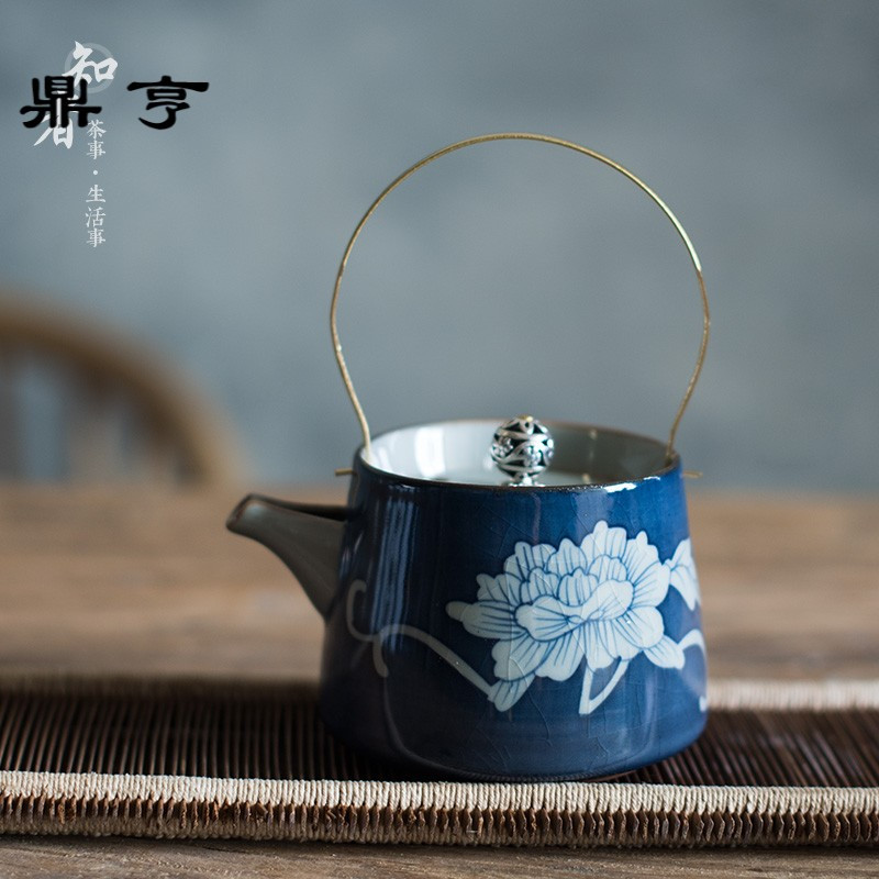 鼎亨茜蓝小提梁壶 手工绘画青花霁蓝哥窑开片陶瓷茶壶功夫茶具手