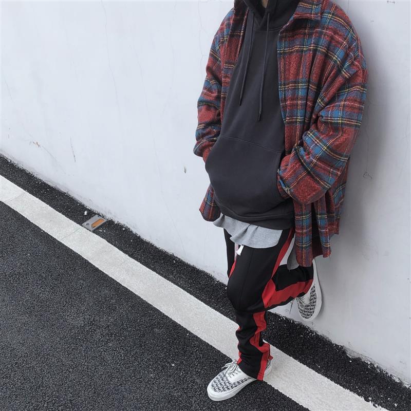 欧美高街毛绒丝绒拼色格子衬衫宽松oversize复古毛呢外套