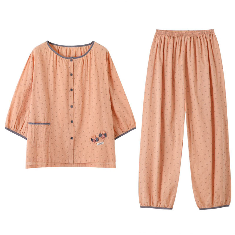 浪莎带胸垫睡衣女夏七分袖九分裤纯棉韩范薄款可外穿家居服两件套高清大图