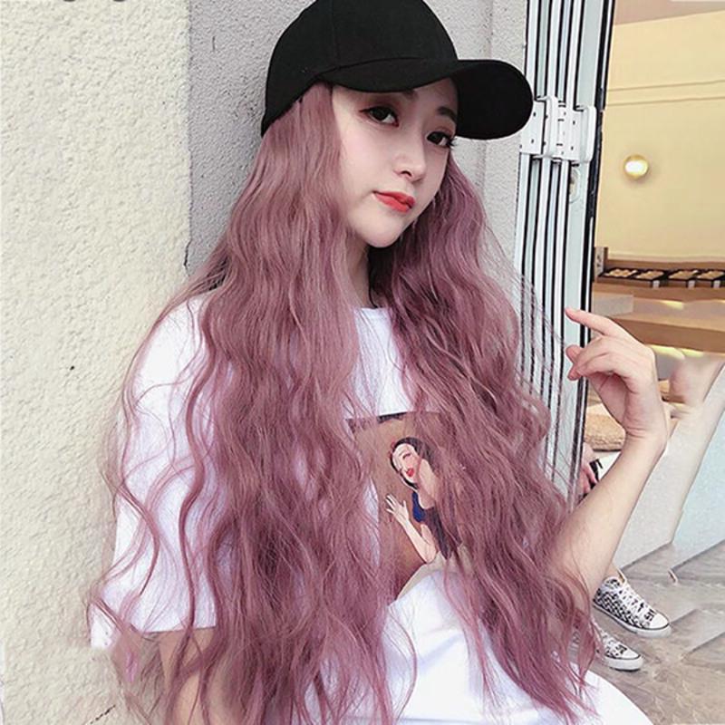 网红直播帽子假发女长卷发可爱玉米烫羊毛水波纹泡面蛋卷全头套式 薄藤色假发[黑色鸭舌帽]送发网 无