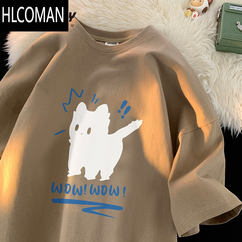 HLCOMAN短袖2025新款五分袖T恤男半袖猫咪宽松体恤国潮休闲上衣