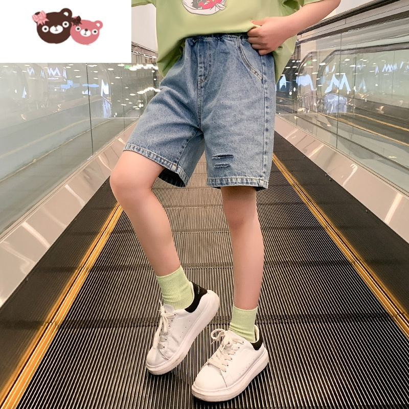 绿彩虹光女童牛仔短裤夏装2022新款童装夏洋气时髦中大童女孩儿童裤子夏季