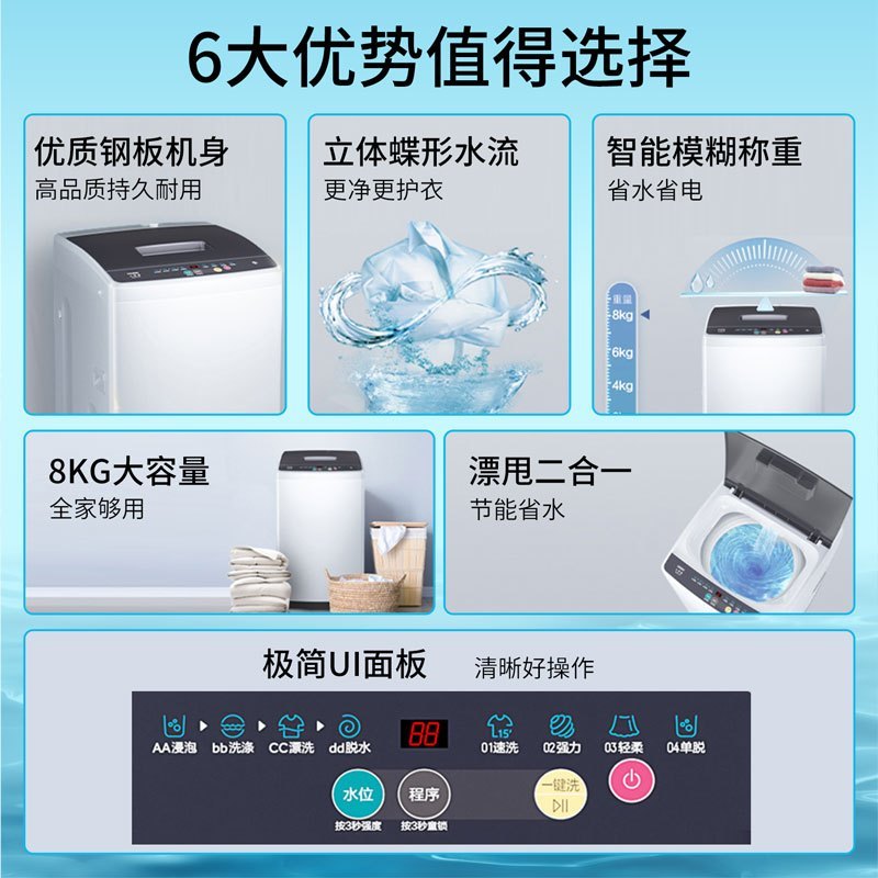 海尔(Haier)8公斤全自动大神童波轮洗衣机节能家用智能自编程大容量学生洗衣机XQB80-M106
