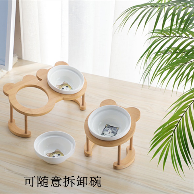猫碗高脚猫咪喂食碗保护颈椎斜口狗碗可爱猫盆双碗陶瓷饮水宠物高清大图