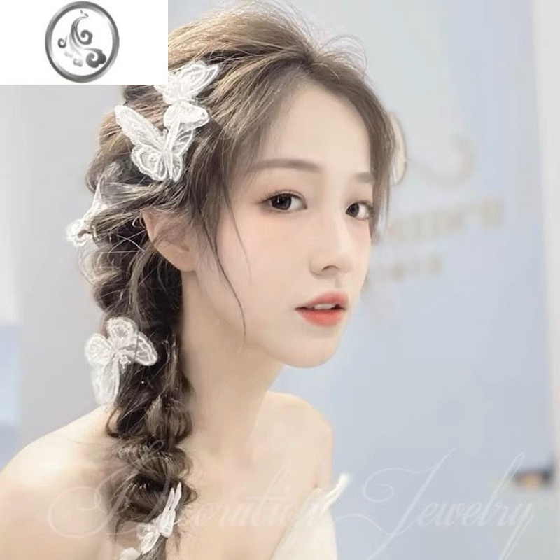 JiMiins风氛围感之白色蕾丝蝴蝶发夹丝带蝴蝶结发卡超仙傣族头饰品