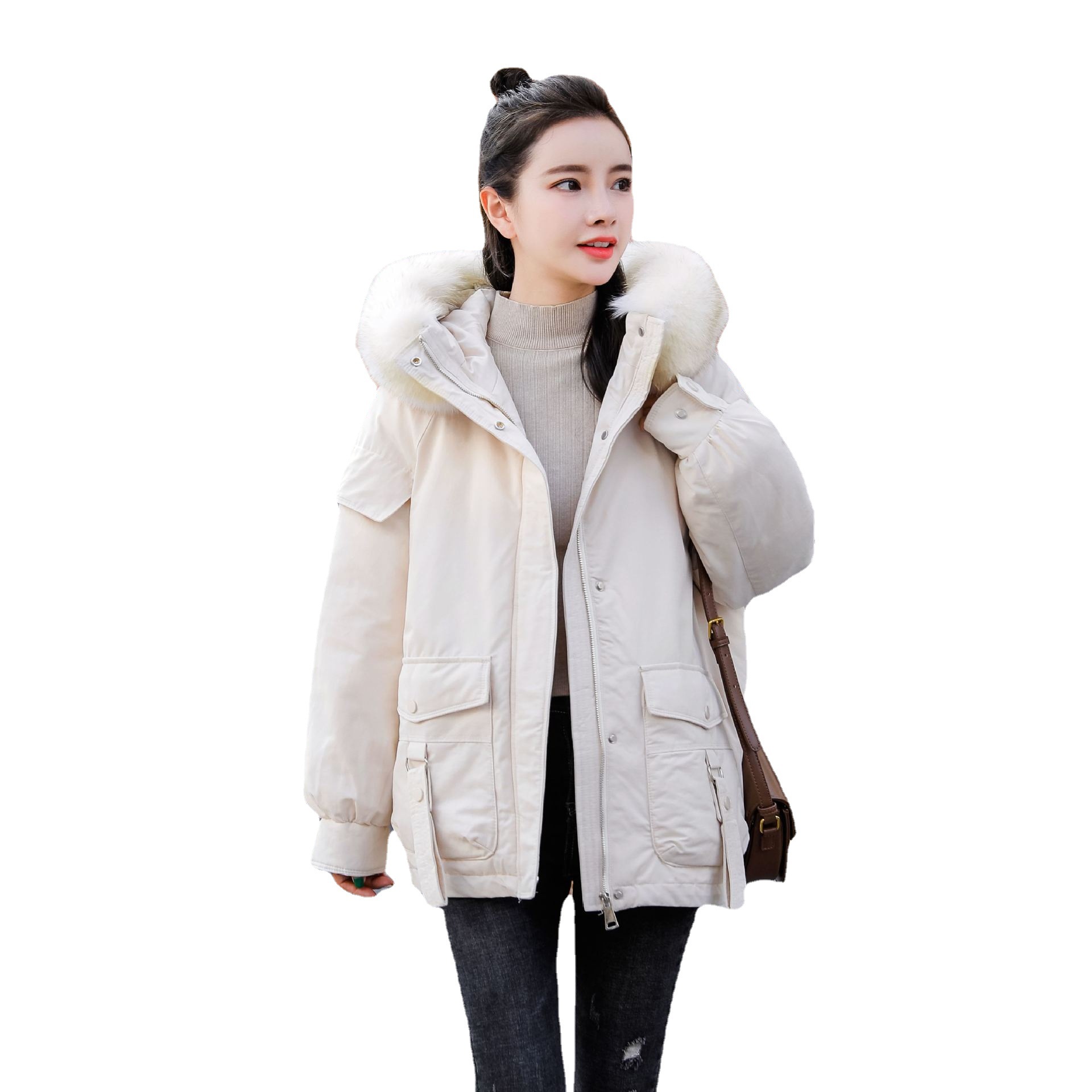 新款韩版羽绒服女短款连帽羽绒服白鸭绒大毛领女外套高清大图