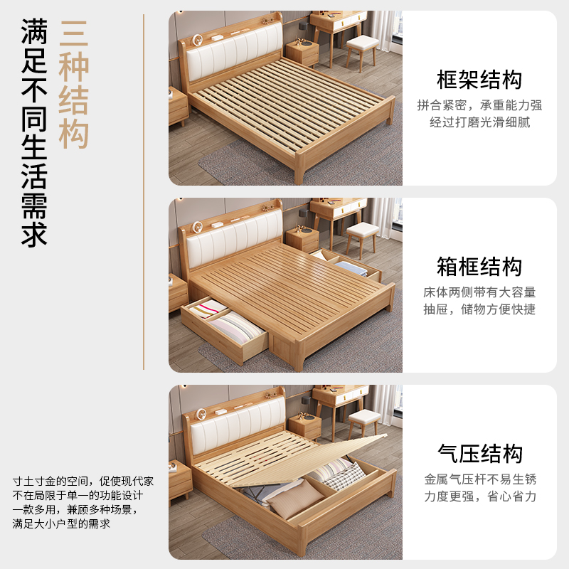 欧梵森 床 北欧橡胶木床双人床1.5米实木床主卧日式家用夜灯储物床软包床现代简约1.8米小户型轻奢卧室组合套装家具床婚床高清大图
