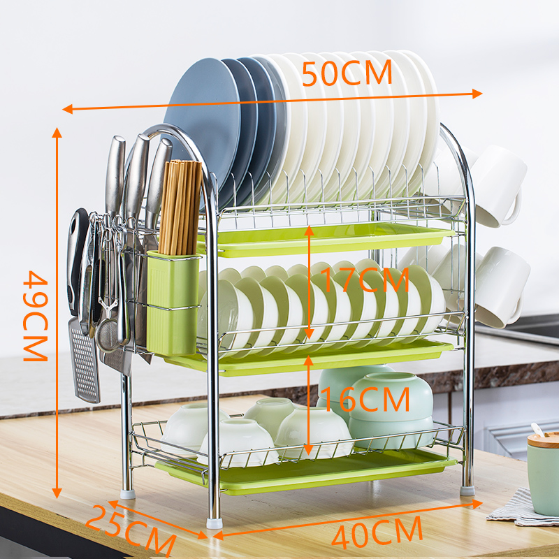 厨房置物架落地用品洗放台面碗碟架餐具菜篮架蔬菜收纳架收纳层架三维工匠 U3加厚+绿盘+刀架+筷筒+挂杯架【配有3个水盘】
