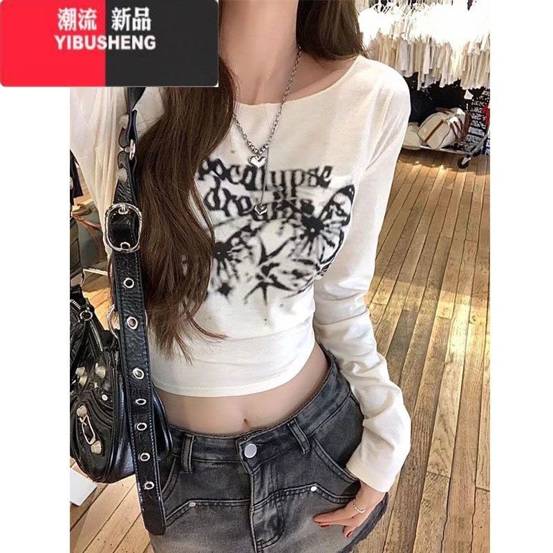 YIBUSHENG美式复古长袖t恤女春内搭短款高腰露脐打底衫辣妹修身上衣服图片